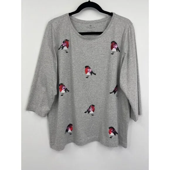 Talbots Cotton Tee T-Shirt 3/4 Sleeve Causal Sequin Birds Gray Size 1X - Picture 1 of 5